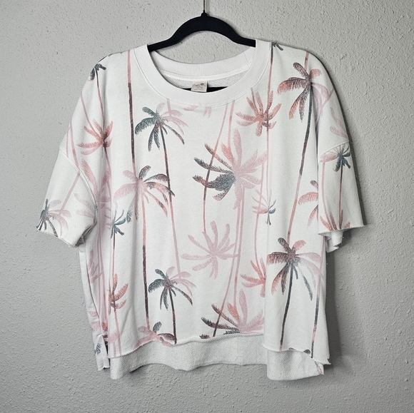 Secret Treasures Crop Sweatshirt Womens L 12-14 White Pink Palm Tree Soft Hi Lo - Picture 1 of 9